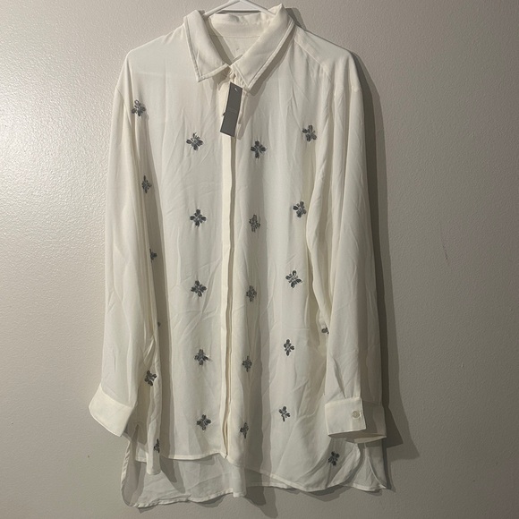 Chico's Other - Chicos Womens Tunic Top Blouse Sz 4 Ivory Beaded Curved Sides Long Sleeve NWT